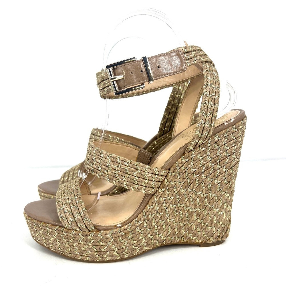 Vince Camuto Melisha Gold Braided Espadrille Wedge Sandals Womens 8.5 M Platform